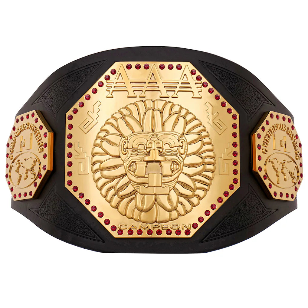 Black and gold championship belt withAAA logo on a white background