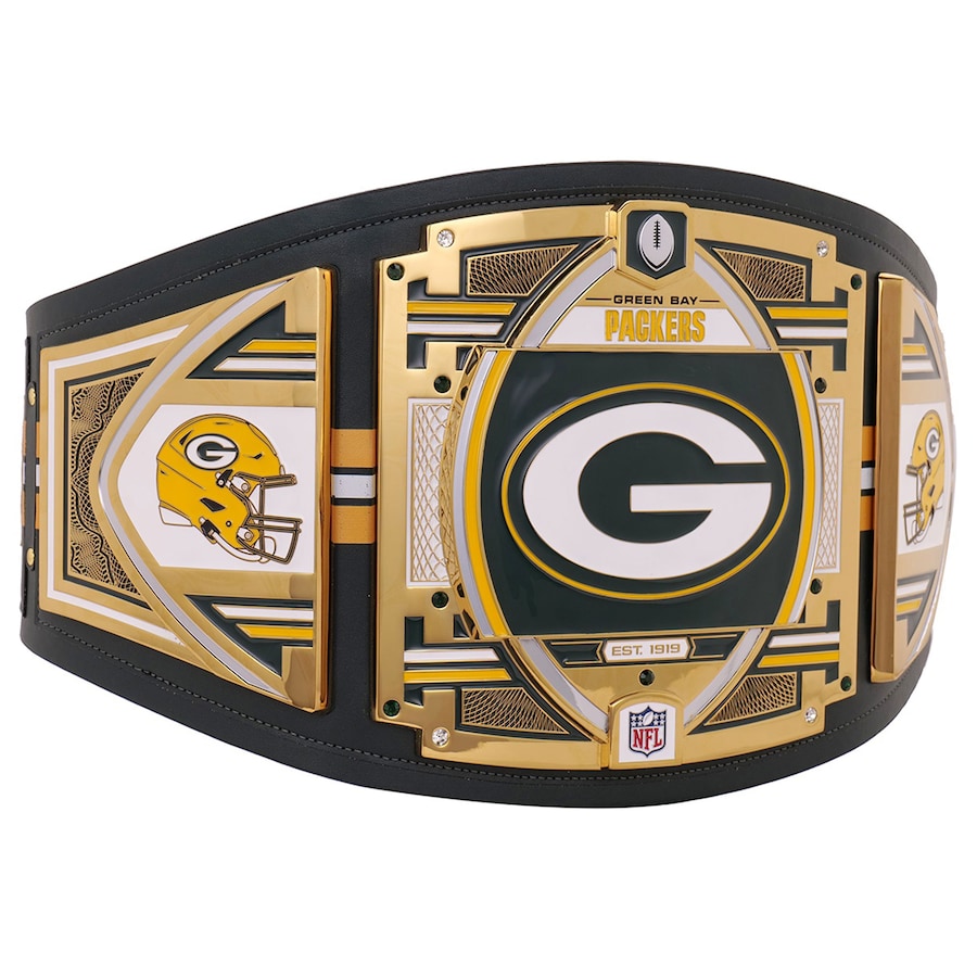 Green Bay Packers championship belt with gold and black design on a white background