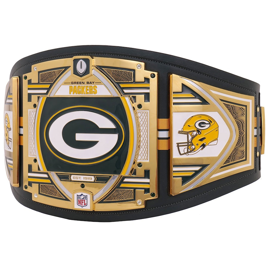 Green Bay Packers championship belt with gold, black, and white design on a white background