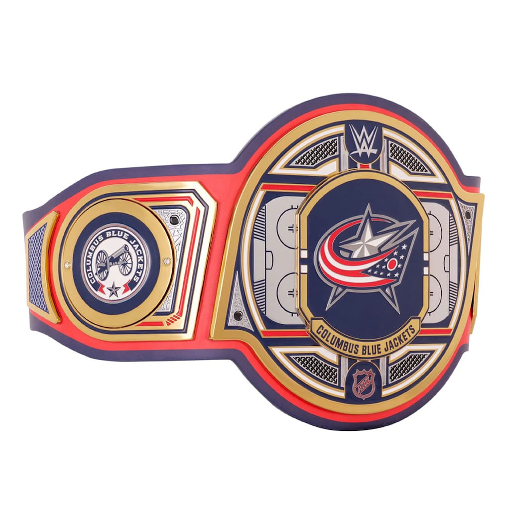 Wrestling championship belt with Columbus Blue Jackets logo on a white background