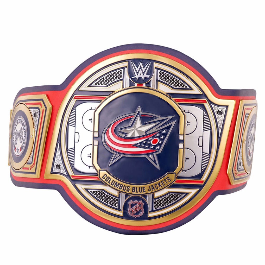 Wrestling championship belt with Columbus Blue Jackets logo on a white background