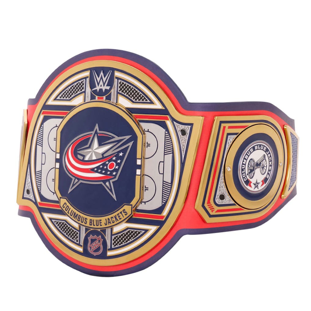 Collegiate championship belt with team logos on a white background