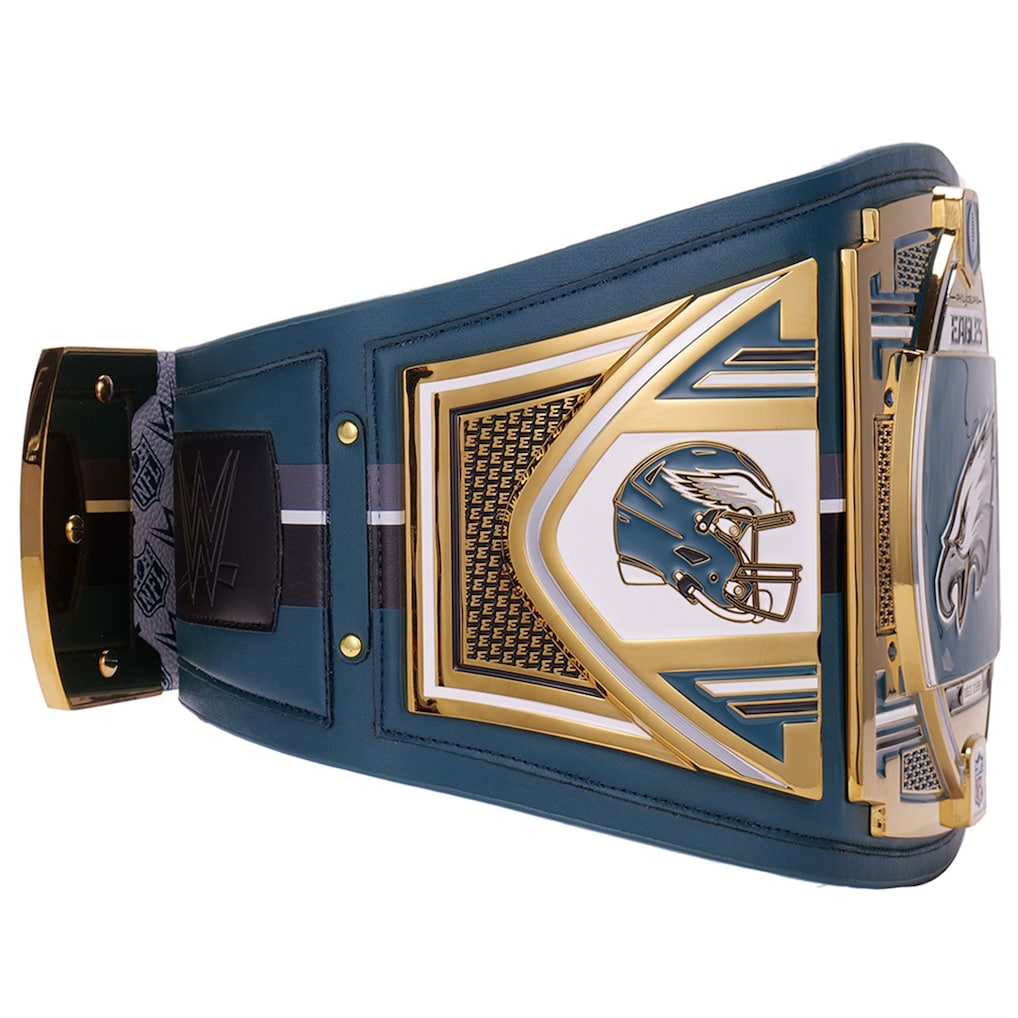 Blue and gold championship belt with a helmet design on a white background