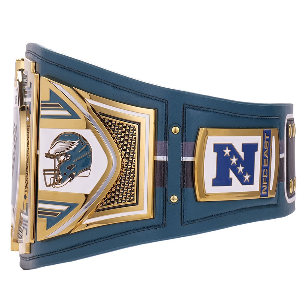 Navy blue championship belt with gold and white accents on a white background