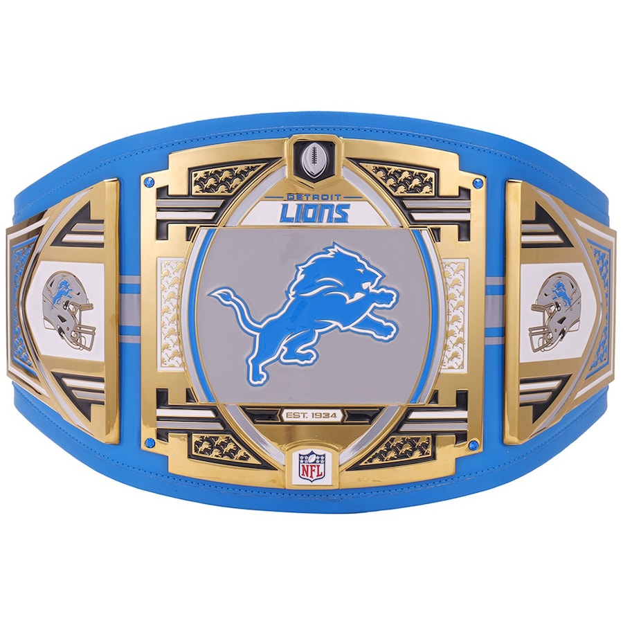Blue and gold championship belt with Detroit Lions logo on a white background