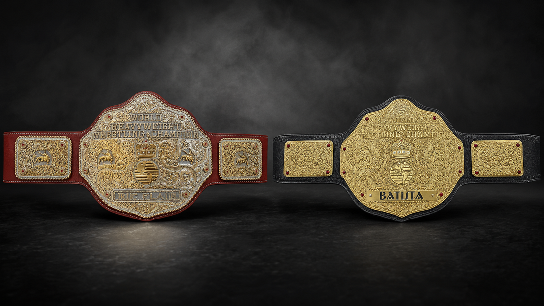 WCW Big Gold and WWE Big Gold championship belts displayed side by side on red and black leather straps.
