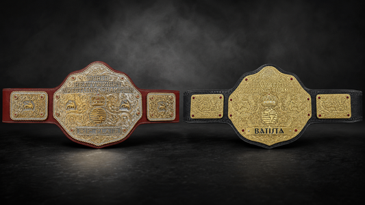 WCW Big Gold and WWE Big Gold championship belts displayed side by side on red and black leather straps.