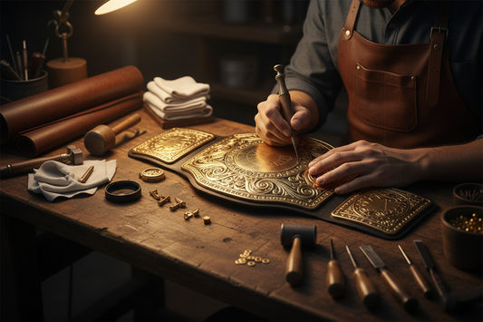 Craftsman producing an engraved gold championship belt replica in a professional workshop.
